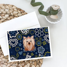 Load image into Gallery viewer, Blue Flowers Yorkie Yorkishire Terrier Greeting Cards -  Blank Note Cards – 8-Pack of Artist-Designed Cards with Envelopes