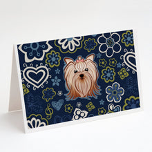 Load image into Gallery viewer, Blue Flowers Yorkie Yorkishire Terrier Greeting Cards -  Blank Note Cards – 8-Pack of Artist-Designed Cards with Envelopes