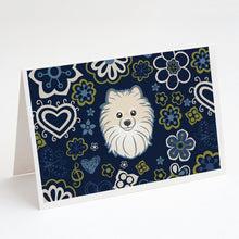 Load image into Gallery viewer, Blue Flowers Pomeranian Greeting Cards -  Blank Note Cards – 8-Pack of Artist-Designed Cards with Envelopes