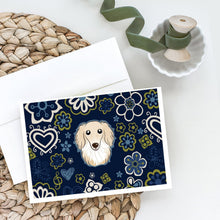 Load image into Gallery viewer, Blue Flowers Longhair Creme Dachshund Greeting Cards -  Blank Note Cards – 8-Pack of Artist-Designed Cards with Envelopes