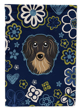 Load image into Gallery viewer, Blue Flowers Longhair Black and Tan Dachshund Garden Flag - Outdoor Decorative Yard Flag BB5064GF