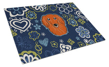 Load image into Gallery viewer, Blue Flowers Longhair Red Dachshund Glass Cutting Boards – Durable, Decorative Kitchen Art Large BB5065LCB