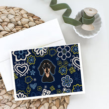 Load image into Gallery viewer, Blue Flowers Smooth Black and Tan Dachshund Greeting Cards -  Blank Note Cards – 8-Pack of Artist-Designed Cards with Envelopes