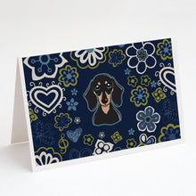 Load image into Gallery viewer, Blue Flowers Smooth Black and Tan Dachshund Greeting Cards -  Blank Note Cards – 8-Pack of Artist-Designed Cards with Envelopes