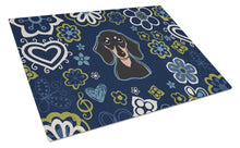 Load image into Gallery viewer, Blue Flowers Smooth Black and Tan Dachshund Glass Cutting Boards – Durable, Decorative Kitchen Art Large BB5066LCB