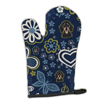 Load image into Gallery viewer, Blue Flowers Smooth Black and Tan Dachshund Oven Mitt BB5066OVMT