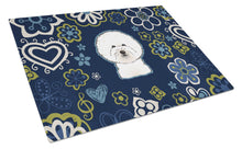 Load image into Gallery viewer, Blue Flowers Bichon Frise Glass Cutting Boards – Durable, Decorative Kitchen Art Large BB5068LCB