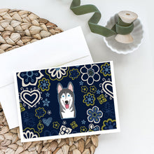 Load image into Gallery viewer, Blue Flowers Alaskan Malamute Greeting Cards -  Blank Note Cards – 8-Pack of Artist-Designed Cards with Envelopes
