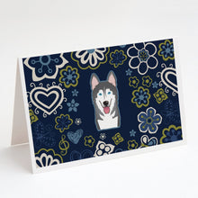 Load image into Gallery viewer, Blue Flowers Alaskan Malamute Greeting Cards -  Blank Note Cards – 8-Pack of Artist-Designed Cards with Envelopes