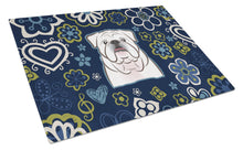 Load image into Gallery viewer, Blue Flowers White English Bulldog  Glass Cutting Boards – Durable, Decorative Kitchen Art Large BB5071LCB