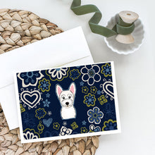 Load image into Gallery viewer, Blue Flowers Westie Greeting Cards -  Blank Note Cards – 8-Pack of Artist-Designed Cards with Envelopes