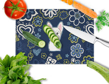 Load image into Gallery viewer, Blue Flowers Westie Glass Cutting Boards – Durable, Decorative Kitchen Art Large BB5077LCB
