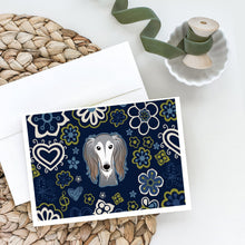 Load image into Gallery viewer, Blue Flowers Saluki Greeting Cards -  Blank Note Cards – 8-Pack of Artist-Designed Cards with Envelopes