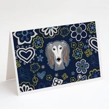 Load image into Gallery viewer, Blue Flowers Saluki Greeting Cards -  Blank Note Cards – 8-Pack of Artist-Designed Cards with Envelopes
