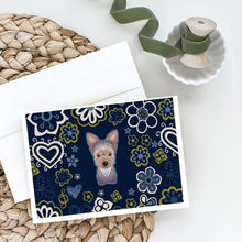 Load image into Gallery viewer, Blue Flowers Yorkie Puppy Greeting Cards -  Blank Note Cards – 8-Pack of Artist-Designed Cards with Envelopes