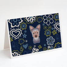 Load image into Gallery viewer, Blue Flowers Yorkie Puppy Greeting Cards -  Blank Note Cards – 8-Pack of Artist-Designed Cards with Envelopes
