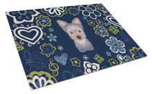 Load image into Gallery viewer, Blue Flowers Yorkie Puppy Glass Cutting Boards – Durable, Decorative Kitchen Art Large BB5083LCB