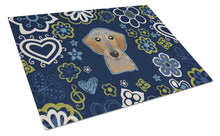 Load image into Gallery viewer, Blue Flowers Wirehaired Dachshund Glass Cutting Boards – Durable, Decorative Kitchen Art Large BB5084LCB