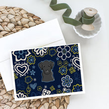 Load image into Gallery viewer, Blue Flowers Black Labrador Greeting Cards -  Blank Note Cards – 8-Pack of Artist-Designed Cards with Envelopes