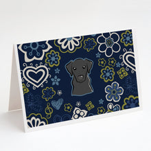 Load image into Gallery viewer, Blue Flowers Black Labrador Greeting Cards -  Blank Note Cards – 8-Pack of Artist-Designed Cards with Envelopes