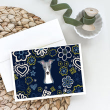 Load image into Gallery viewer, Blue Flowers Italian Greyhound Greeting Cards -  Blank Note Cards – 8-Pack of Artist-Designed Cards with Envelopes