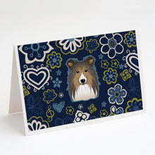 Load image into Gallery viewer, Blue Flowers Sheltie Greeting Cards -  Blank Note Cards – 8-Pack of Artist-Designed Cards with Envelopes