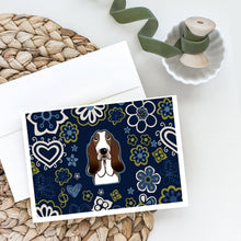 Load image into Gallery viewer, Blue Flowers Basset Hound Greeting Cards -  Blank Note Cards – 8-Pack of Artist-Designed Cards with Envelopes