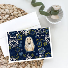 Load image into Gallery viewer, Blue Flowers Afghan Hound Greeting Cards -  Blank Note Cards – 8-Pack of Artist-Designed Cards with Envelopes