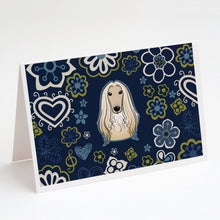 Load image into Gallery viewer, Blue Flowers Afghan Hound Greeting Cards -  Blank Note Cards – 8-Pack of Artist-Designed Cards with Envelopes