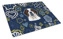 Load image into Gallery viewer, Blue Flowers Saint Bernard Glass Cutting Boards – Durable, Decorative Kitchen Art Large BB5097LCB