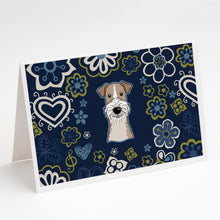 Load image into Gallery viewer, Blue Flowers Wire Haired Fox Terrier Greeting Cards -  Blank Note Cards – 8-Pack of Artist-Designed Cards with Envelopes