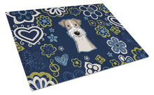 Load image into Gallery viewer, Blue Flowers Wire Haired Fox Terrier Glass Cutting Boards – Durable, Decorative Kitchen Art Large BB5098LCB