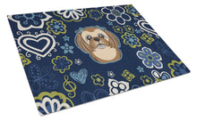 Load image into Gallery viewer, Blue Flowers Chocolate Brown Shih Tzu Glass Cutting Boards – Durable, Decorative Kitchen Art Large BB5100LCB