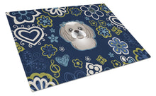 Load image into Gallery viewer, Blue Flowers Gray Silver Shih Tzu Glass Cutting Boards – Durable, Decorative Kitchen Art Large BB5101LCB