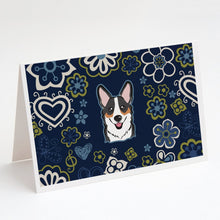 Load image into Gallery viewer, Blue Flowers Tricolor Corgi Greeting Cards -  Blank Note Cards – 8-Pack of Artist-Designed Cards with Envelopes