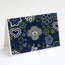 Load image into Gallery viewer, Blue Flowers Silver Gray Poodle Greeting Cards -  Blank Note Cards – 8-Pack of Artist-Designed Cards with Envelopes