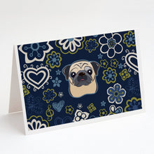 Load image into Gallery viewer, Blue Flowers Fawn Pug Greeting Cards -  Blank Note Cards – 8-Pack of Artist-Designed Cards with Envelopes
