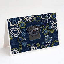 Load image into Gallery viewer, Blue Flowers Black Pug Greeting Cards -  Blank Note Cards – 8-Pack of Artist-Designed Cards with Envelopes