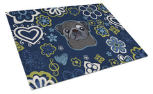Load image into Gallery viewer, Blue Flowers Black Pug Glass Cutting Boards – Durable, Decorative Kitchen Art Large BB5114LCB