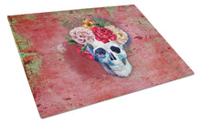 Load image into Gallery viewer, Day of the Dead Red Flowers Skull  Glass Cutting Boards – Durable, Decorative Kitchen Art Large BB5130LCB