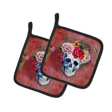Load image into Gallery viewer, Day of the Dead Red Flowers Skull Pot Holders - Set of 2 - Heat-Resistant Kitchen Essentials BB5130PTHD