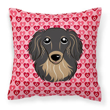 Load image into Gallery viewer, Longhair Black and Tan Dachshund Hearts Fabric Decorative Pillow BB5283PW1818