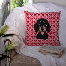 Load image into Gallery viewer, Smooth Black and Tan Dachshund Hearts Throw Pillow - 14x14 Decorative Pillow – Art for Your Home &amp; Patio BB5285PW1414