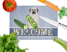 Load image into Gallery viewer, Mastiff Brindle White Welcome Glass Cutting Boards – Durable, Decorative Kitchen Art Large BB5597LCB