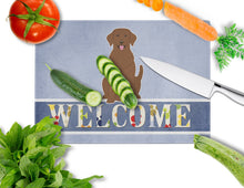 Load image into Gallery viewer, Chocolate Labrador Welcome Glass Cutting Boards – Durable, Decorative Kitchen Art Large BB5637LCB