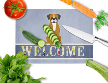 Load image into Gallery viewer, Flashy Fawn Boxer Welcome Glass Cutting Boards – Durable, Decorative Kitchen Art Large BB5697LCB