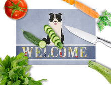Load image into Gallery viewer, Border Collie Black White Welcome Glass Cutting Boards – Durable, Decorative Kitchen Art Large BB5699LCB
