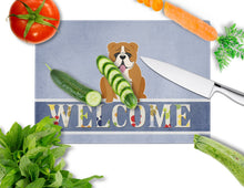 Load image into Gallery viewer, English Bulldog Red White Welcome Glass Cutting Boards – Durable, Decorative Kitchen Art Large BB5701LCB