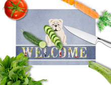 Load image into Gallery viewer, English Bulldog White Welcome Glass Cutting Boards – Durable, Decorative Kitchen Art Large BB5704LCB