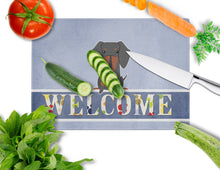 Load image into Gallery viewer, Dachshund Black Tan Welcome Glass Cutting Boards – Durable, Decorative Kitchen Art Large BB5713LCB